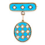 AN ANTIQUE ENAMEL AND PEARL MOURNING LOCKET BROOCH in yellow gold, comprising a bar set with blue