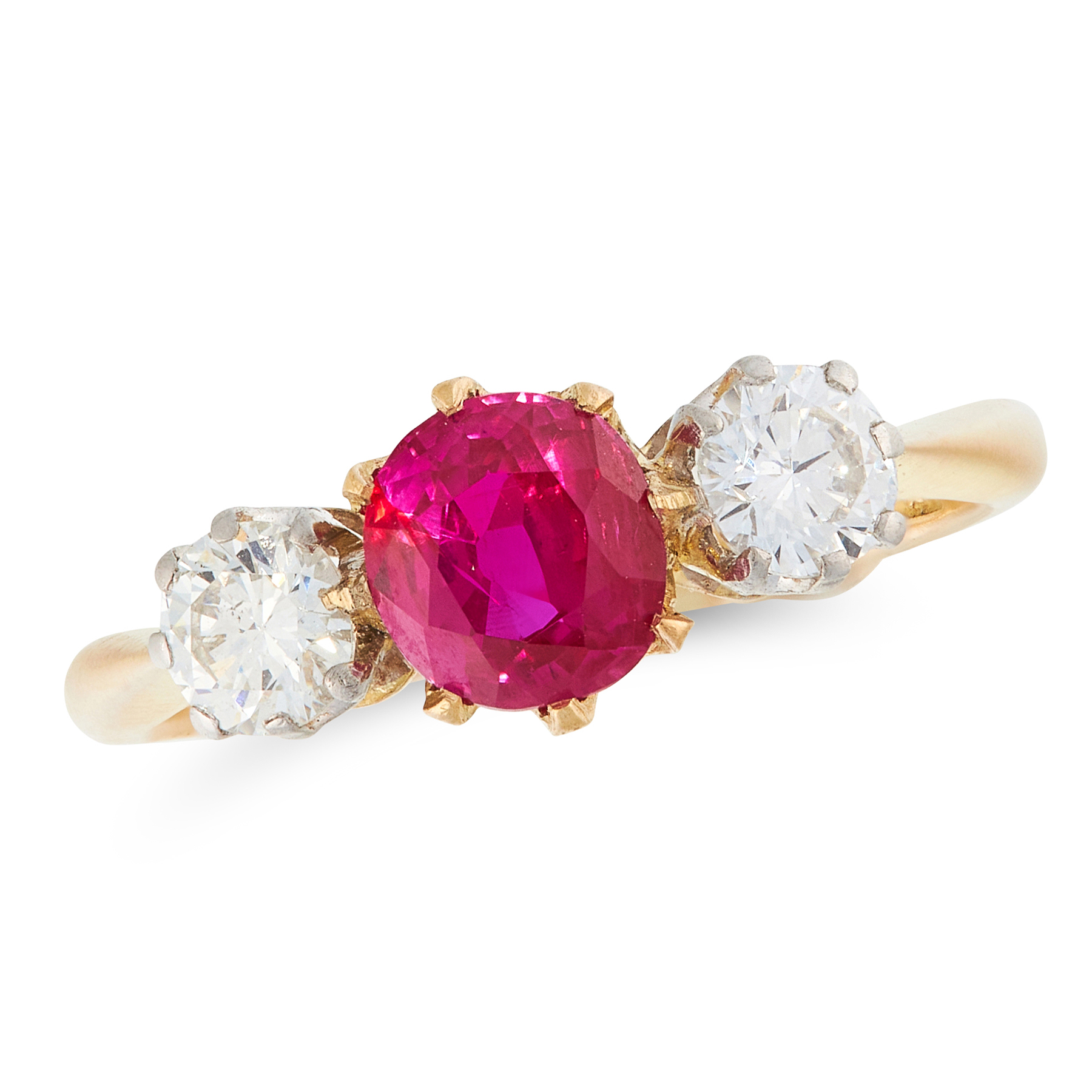 A RUBY AND DIAMOND THREE STONE RING in 18ct yellow gold, set with a round cut ruby of 0.70 carats