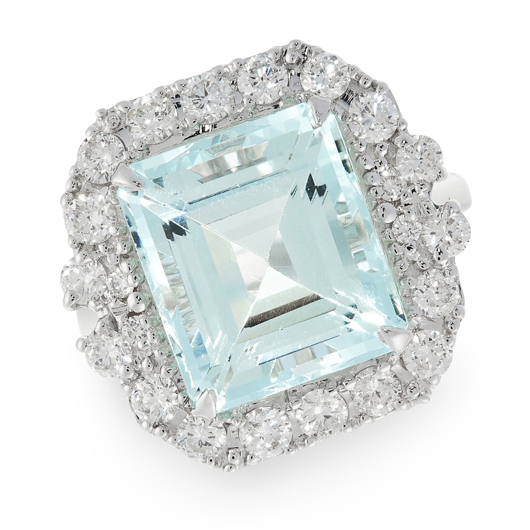 AN AQUAMARINE AND DIAMOND RING in 18ct white gold, set with a step cut aquamarine of 7.31 carats