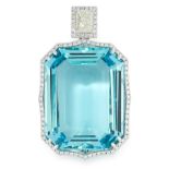 AN AQUAMARINE AND DIAMOND PENDANT in 18ct white gold, set with an emerald cut aquamarine of 50.00