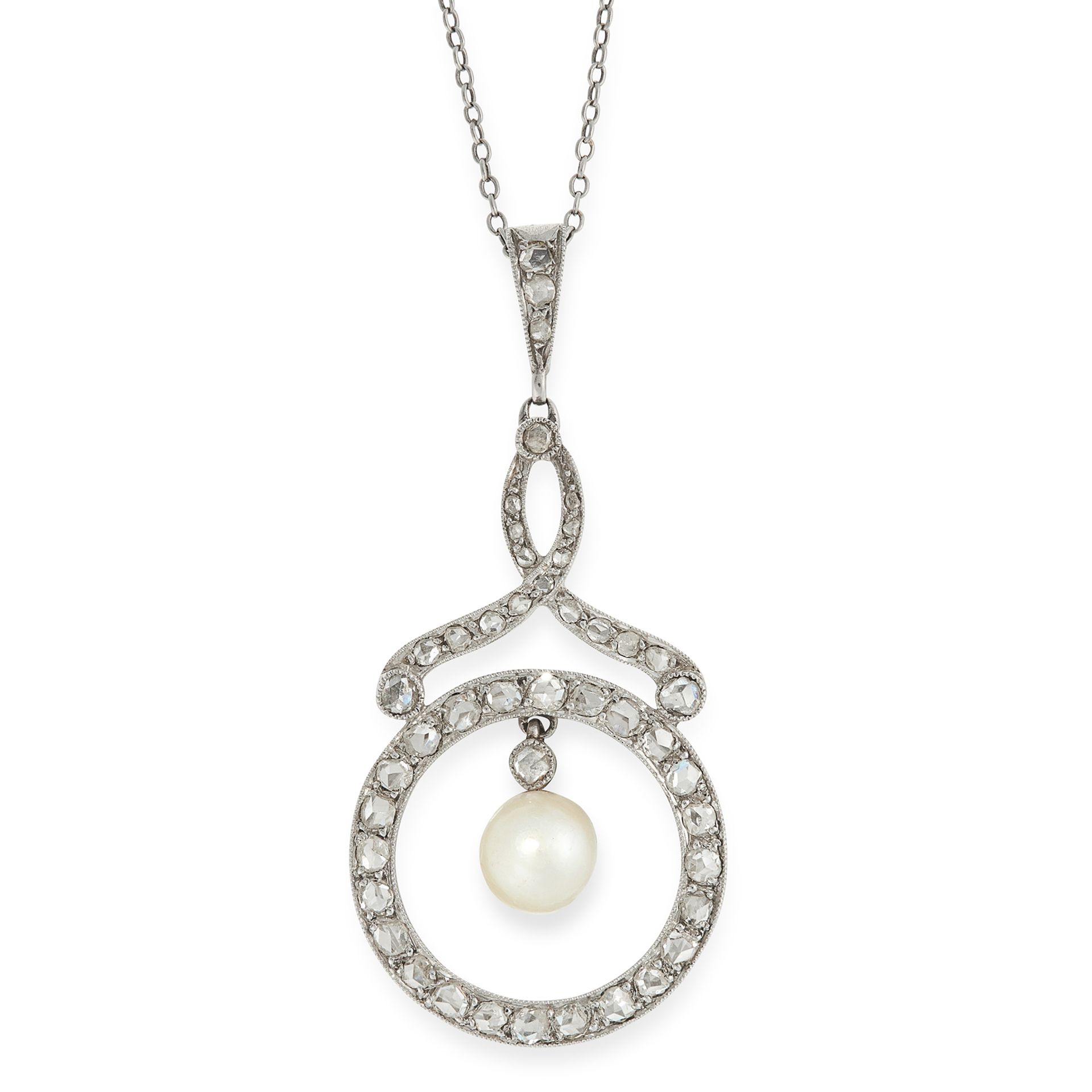 AN ANTIQUE PEARL AND DIAMOND PENDANT AND CHAIN in platinum, the pendant of circular design set