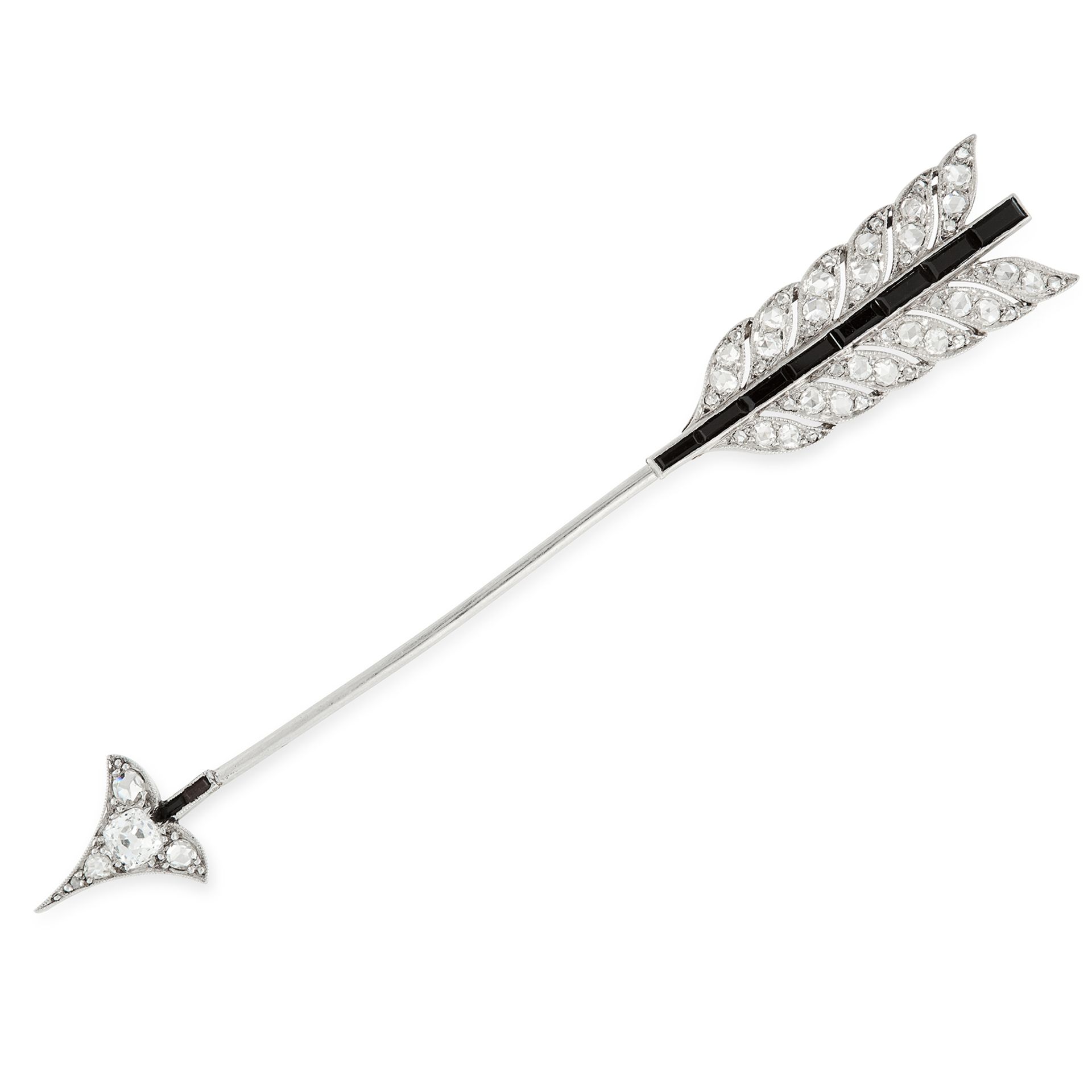 AN ANTIQUE DIAMOND AND SAPPHIRE ARROW BROOCH, CARTIER in platinum, designed as an arrow head, set