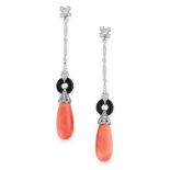 A PAIR OF CORAL, ONYX AND DIAMOND DROP EARRINGS in 18ct white gold, each formed of a row of round