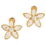 A PAIR OF DIAMOND FLOWER EARRINGS in 18ct yellow gold, in floral form set with marquise and round