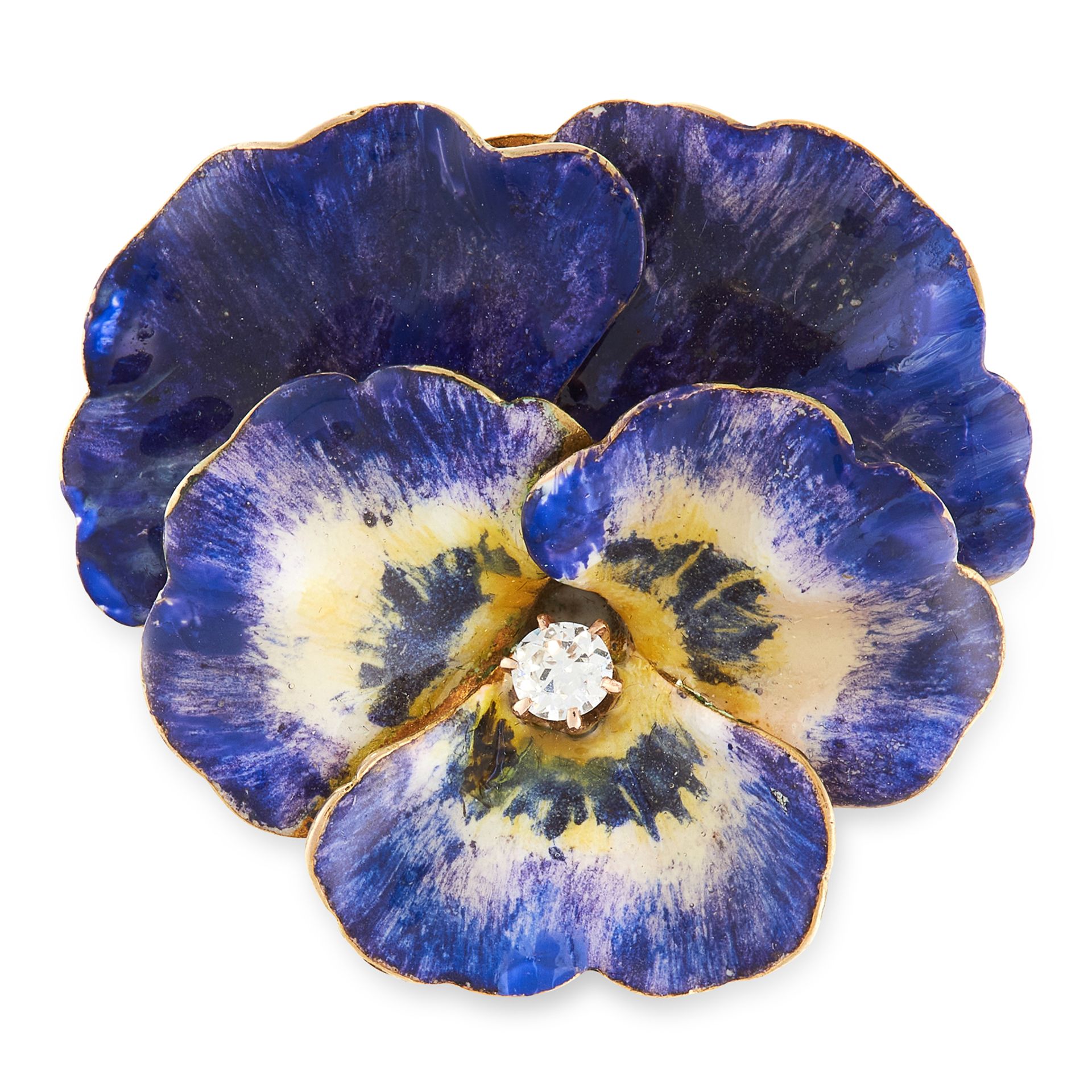 AN ANTIQUE ENAMEL AND DIAMOND PANSY BROOCH designed as a pansy, decorated with shaded purple and