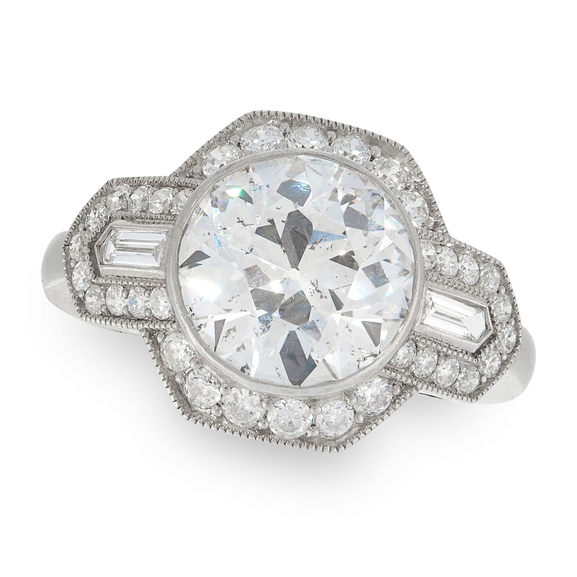 A DIAMOND DRESS RING in platinum, set with a principal round cut diamond of 3.01 carats flanked by