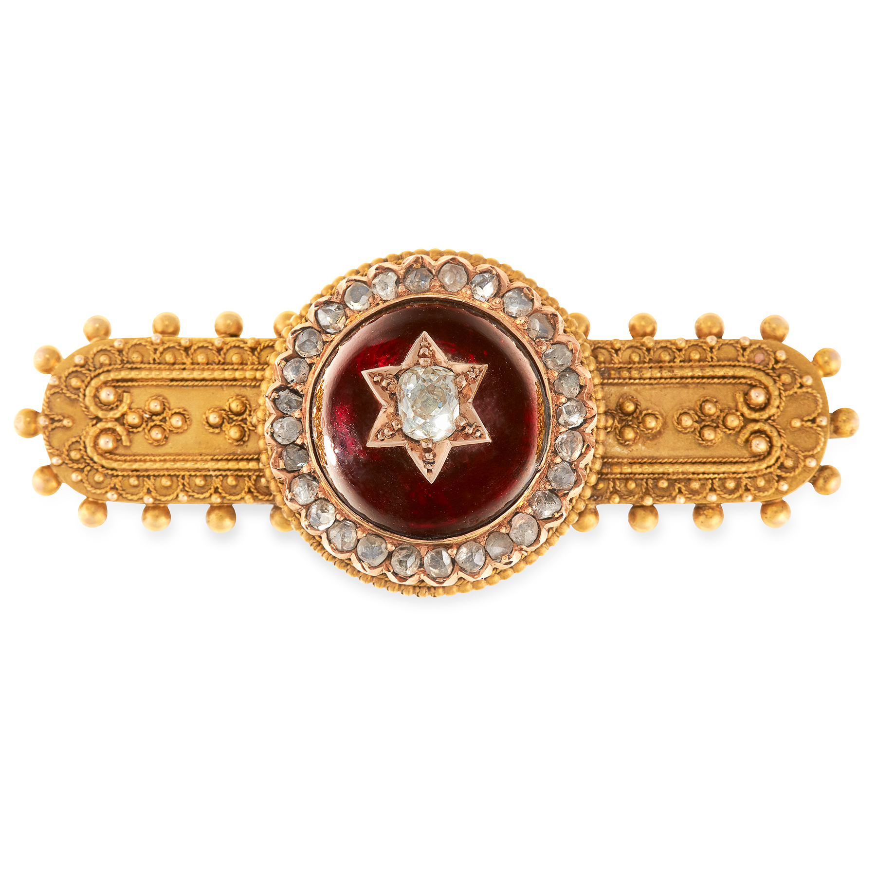 AN ANTIQUE GARNET AND DIAMOND BROOCH, 19TH CENTURY in yellow gold, in the Etruscan revival manner,