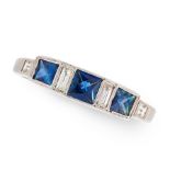 A SAPPHIRE AND DIAMOND RING set with alternating French cut sapphires and step cut diamonds,