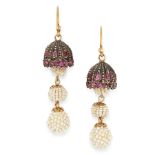 A PAIR OF RUBY AND SEED PEARL EARRINGS in yellow gold and silver, the lamp shade design set with