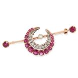 AN ANTIQUE VICTORIAN RUBY, DIAMOND AND PEARL CRESCENT MOON BROOCH in yellow gold, in the form of a