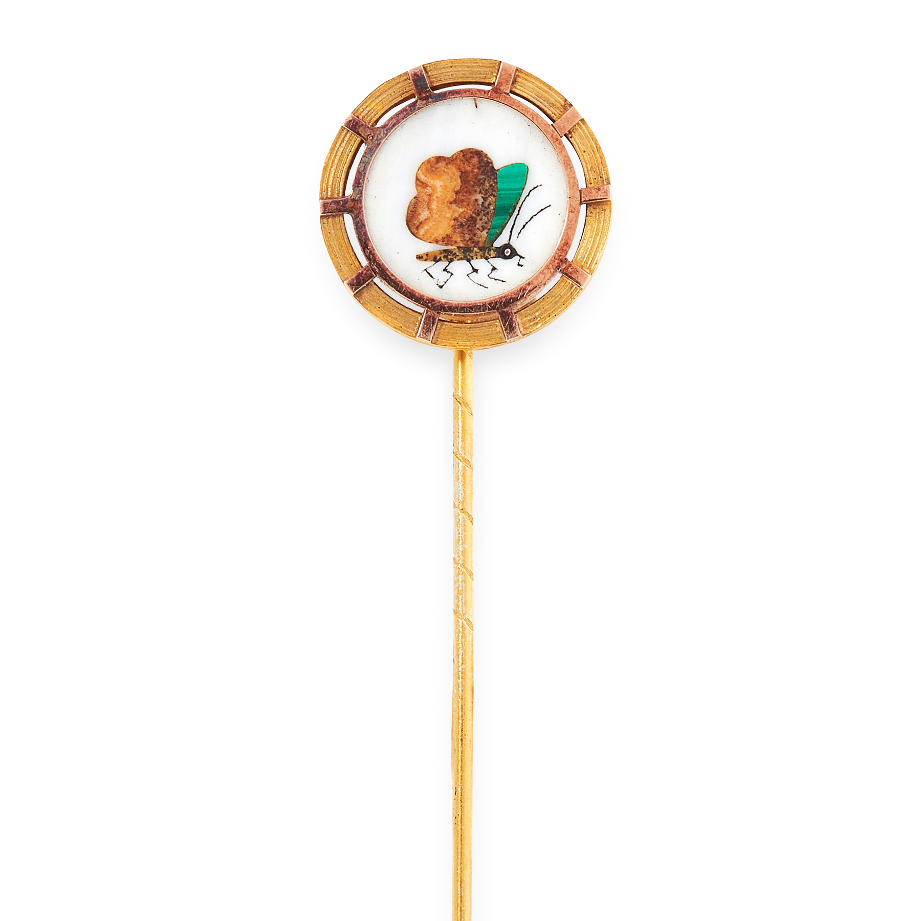 AN ANTIQUE PIETRA DURA TIE PIN in high carat yellow gold, the pin terminated by a circular face with