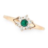 A GEMSET CLUSTER RING in yellow gold, set with a cluster of round cut green and white gemstones,