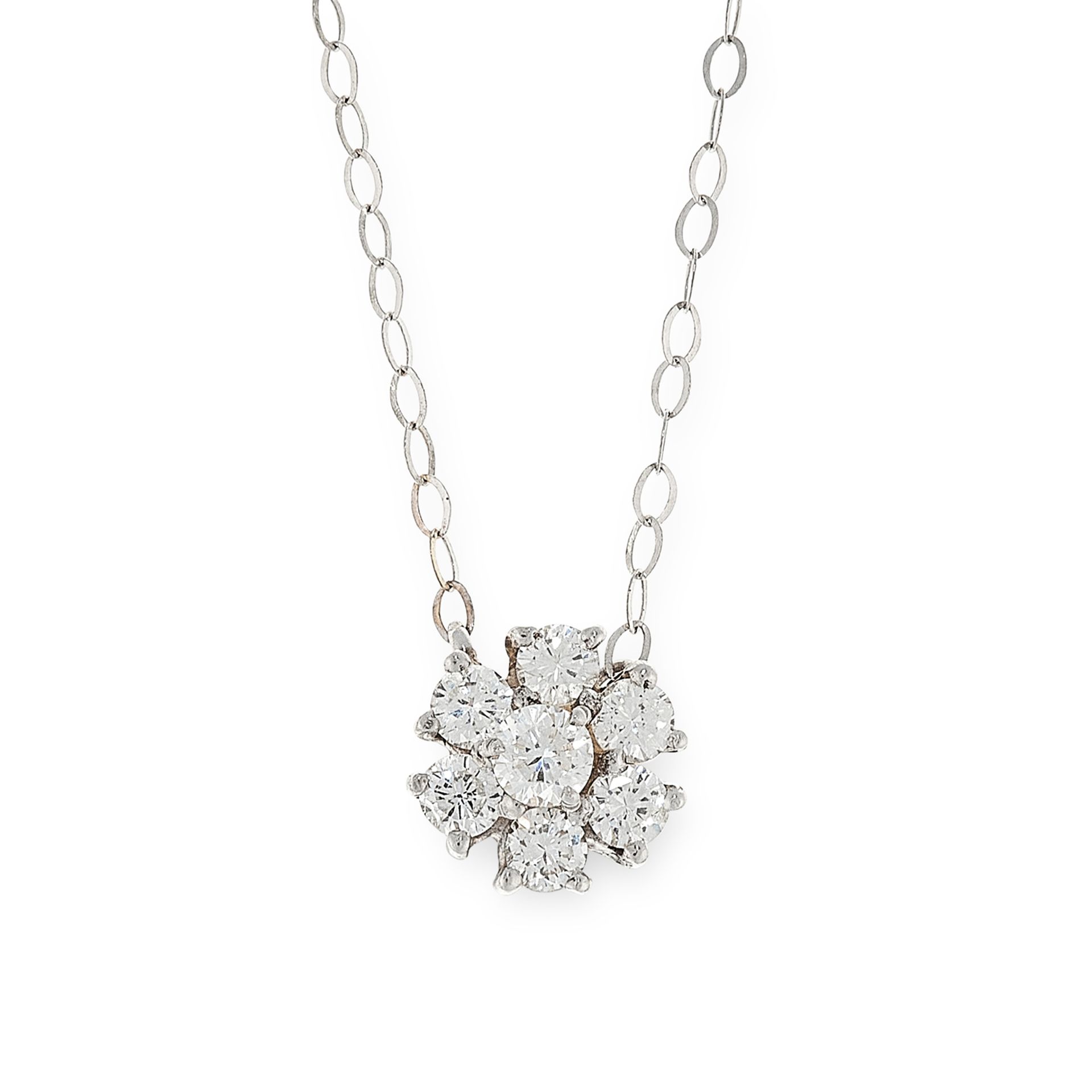 A DIAMOND CLUSTER PENDANT NECKLACE in 18ct white gold, set with a cluster of seven round cut