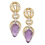 A PAIR OF VINTAGE AMETHYST AND DIAMOND EARRINGS in 14ct yellow gold, each set with a Mughal carved
