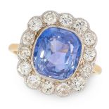 A CEYLON NO HEAT COLOUR CHANGE SAPPHIRE AND DIAMOND RING in yellow gold, set with a cushion cut