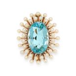 AN AQUAMARINE AND PEARL BROOCH in yellow gold, set with a central oval cut aquamarine of 5.60 carats