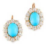 A PAIR OF ANTIQUE TURQUOISE AND DIAMOND EARRINGS in yellow gold, each set with an oval turquoise