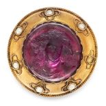 AN ANTIQUE AMETHYST AND PEARL CAMEO BROOCH, 19TH CENTURY in high carat yellow gold, the circular