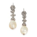 A PAIR OF NATURAL PEARL AND DIAMOND DROP EARRINGS each set with a natural pearl of of 10.5mm,