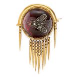AN ANTIQUE DIAMOND AND GARNET FLY TASSEL BROOCH in yellow gold, set with a circular cabochon