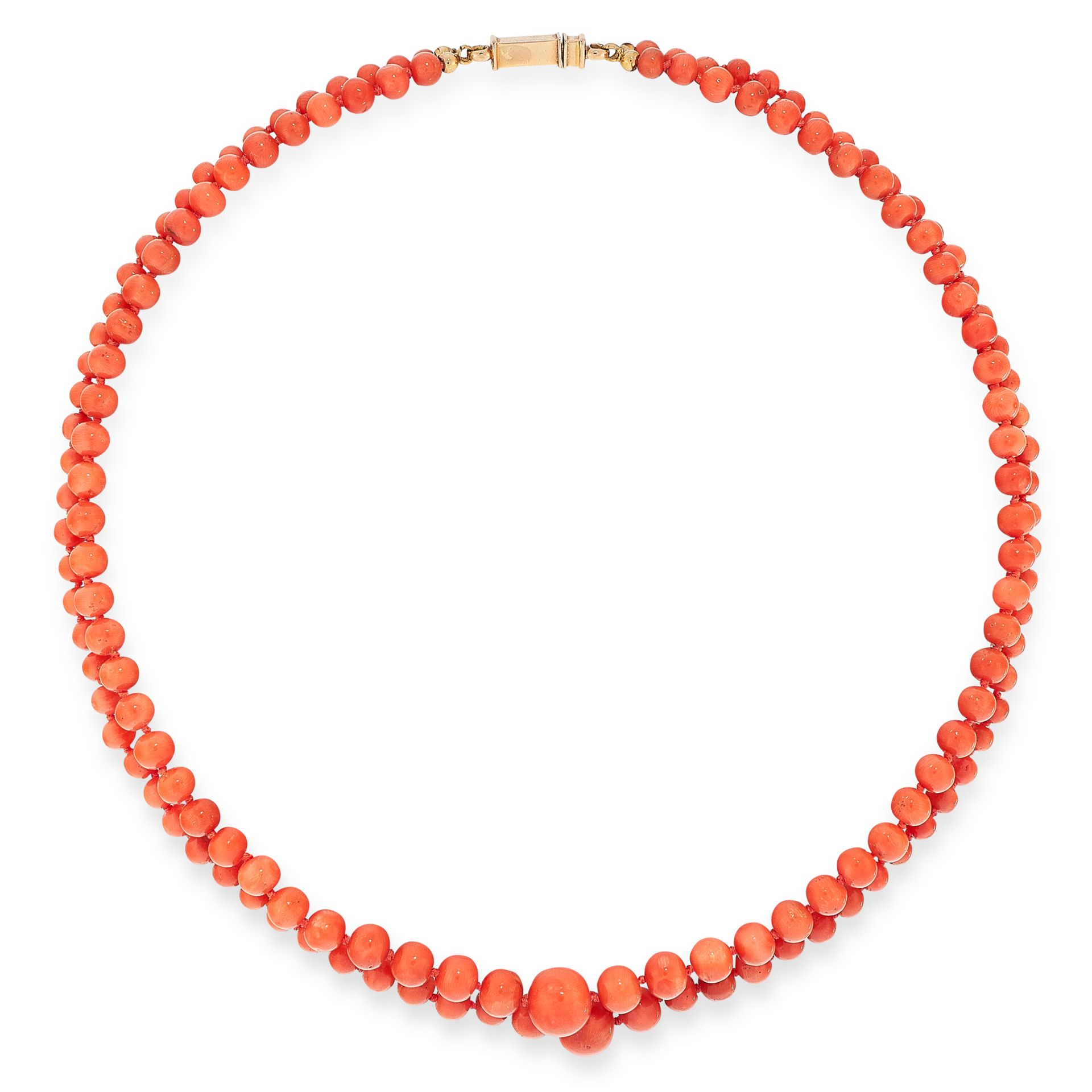 A CORAL BEAD NECKLACE in 18ct yellow gold, comprising two rows of one hundred and fifty one