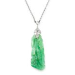A JADE AND DIAMOND PENDANT set with old cut diamonds suspending a carved jade pendant, unmarked,