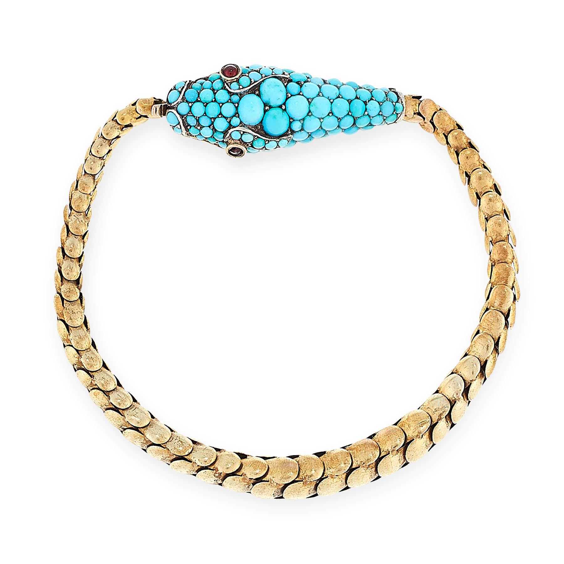 AN ANTIQUE TURQUOISE AND GARNET SNAKE BRACELET in yellow gold, the articulated body formed as a