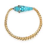 AN ANTIQUE TURQUOISE AND GARNET SNAKE BRACELET in yellow gold, the articulated body formed as a
