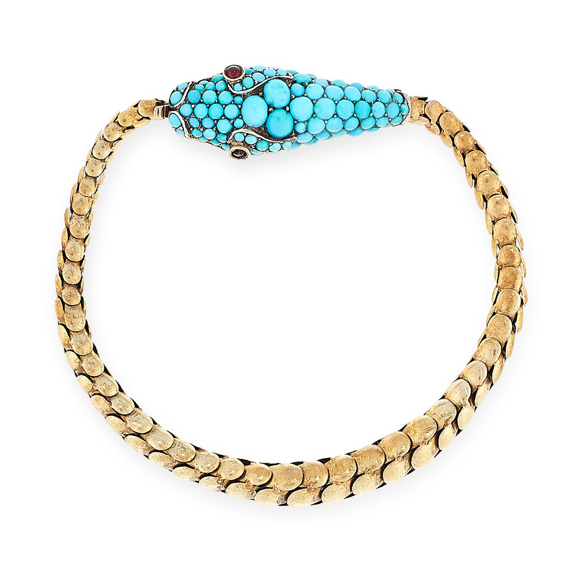 AN ANTIQUE TURQUOISE AND GARNET SNAKE BRACELET in yellow gold, the articulated body formed as a