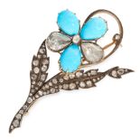 AN ANTIQUE TURQUOISE AND DIAMOND BROOCH, 19TH CENTURY in yellow gold and silver, set with a trio