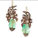 A PAIR OF COLOMBIAN EMERALD AND DIAMOND DROP EARRINGS in yellow gold, each set with a polished