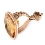 AN ANTIQUE CARVED CITRINE INTAGLIO FOB SEAL, 19TH CENTURY in yellow gold, set with a large cushion