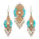 AN ANTIQUE TURQUOISE AND PEARL BROOCH AND EARRINGS SUITE in high carat yellow gold, the tapering