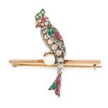 AN ANTIQUE RUBY, EMERALD, DIAMOND AND PEARL BIRD BROOCH in yellow gold and silver, designed to