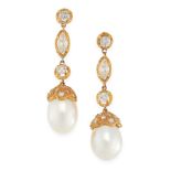 A PAIR OF VINTAGE PEARL AND DIAMOND EARRINGS high carat yellow gold, each set with a pearl of