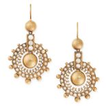 A PAIR OF ANTIQUE PEARL EARRINGS, 19TH CENTURY in yellow gold, in the Etruscan revival manner, the