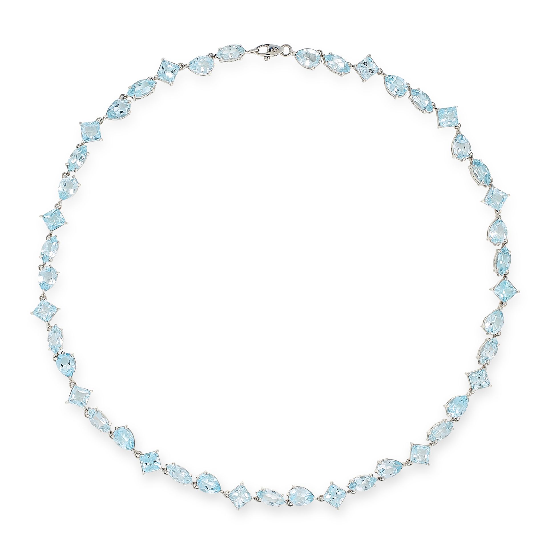 AN AQUAMARINE NECKLACE in 18ct white gold, comprising a single row of forty-four marquise, pear