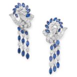 A PAIR OF SAPPHIRE AND DIAMOND PENDENT CLIP EARRINGS in 18ct white gold and platinum, each