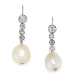 A PAIR OF NATURAL PEARL AND DIAMOND EARRINGS each set with a natural pearl of 10.9 and 10.8mm,