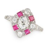 AN ART DECO DIAMOND AND RUBY RING set with a central old cut diamond of 0.72 carats, accented by