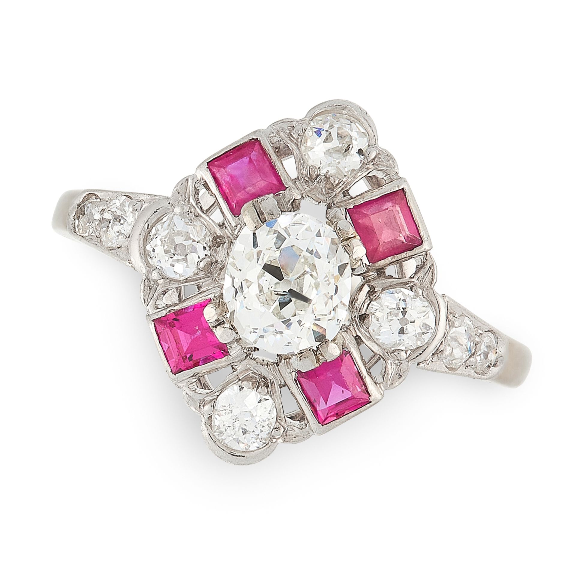 AN ART DECO DIAMOND AND RUBY RING set with a central old cut diamond of 0.72 carats, accented by