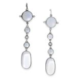 A PAIR OF MOONSTONE AND DIAMOND EARRINGS each set with four graduated oval and round cabochon