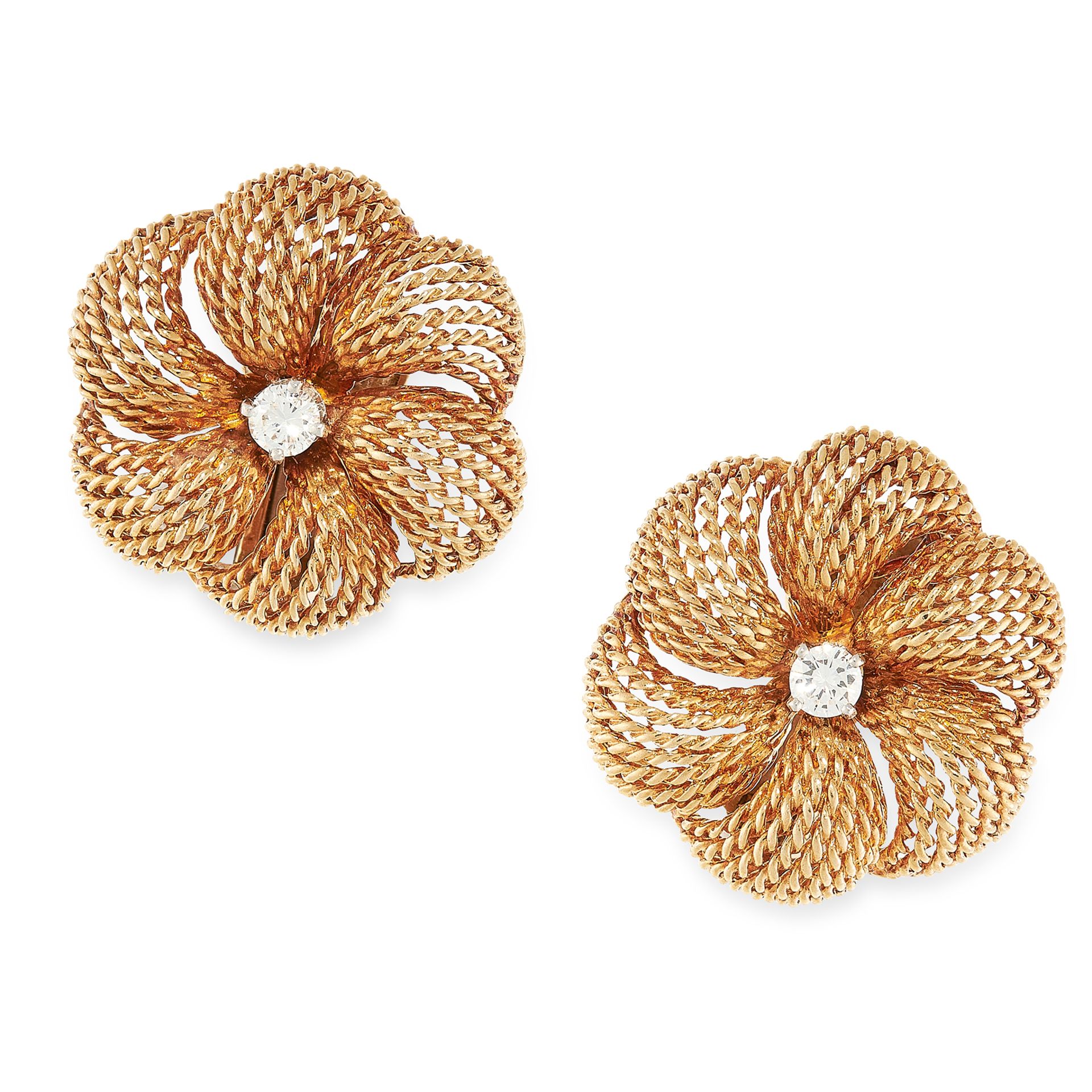 A PAIR OF VINTAGE DIAMOND CLIP EARRINGS, STERLE in 18ct yellow gold, each designed as a flower set