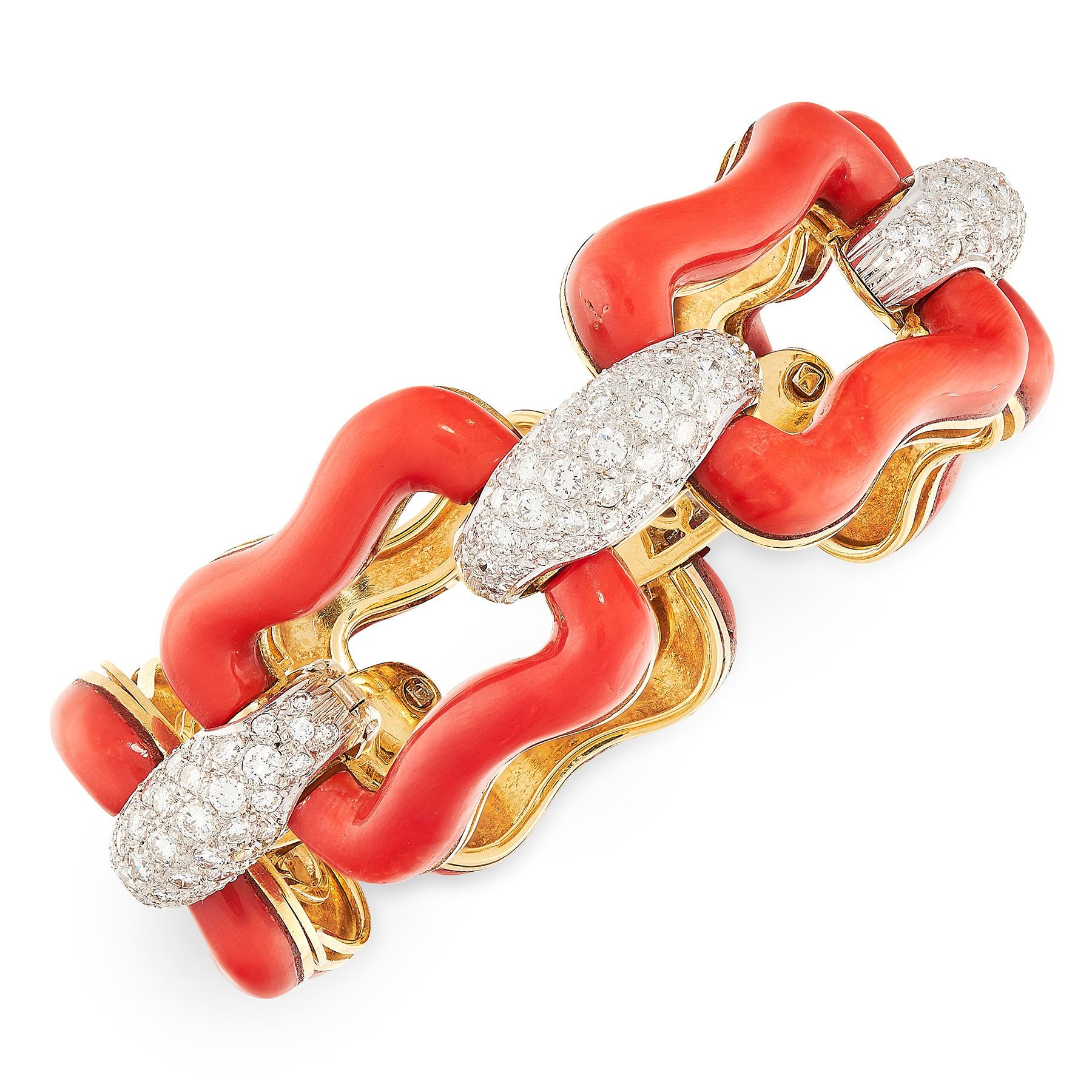 AN EXCEPTIONAL CORAL AND DIAMOND BRACELET in 18ct yellow and white gold, formed of five openwork - Image 2 of 2