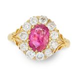 AN ANTIQUE BURMA NO HEAT RUBY AND DIAMOND RING in 18ct yellow gold, set with an oval cut ruby of 1.