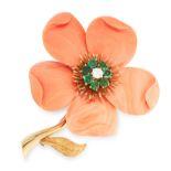 A VINTAGE CORAL, EMERALD AND DIAMOND BROOCH, VAN CLEEF & ARPELS in 18ct yellow gold, designed as a