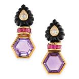 A PAIR OF AMETHYST, ONYX, RUBY AND DIAMOND CLIP EARRINGS in high carat yellow gold, each set with