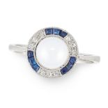 A PEARL, SAPPHIRE AND DIAMOND RING set with a pearl of 6.3mm within a border set alternately with