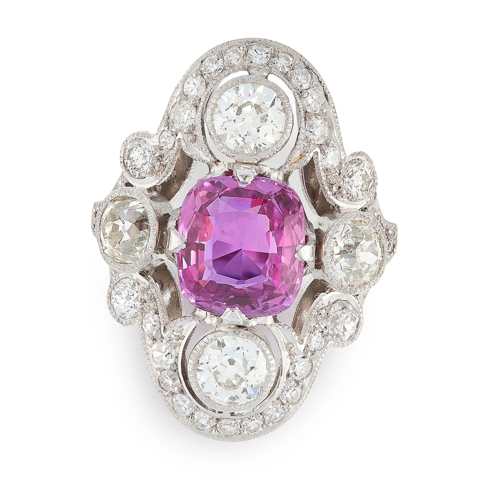 A CEYLON NO HEAT PINK SAPPHIRE AND DIAMOND DRESS RING set with a cushion cut pink sapphire of 3.45