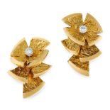 A PAIR OF VINTAGE DIAMOND CLIP EARRINGS, CARTIER in 18ct yellow gold, depicting textured lily